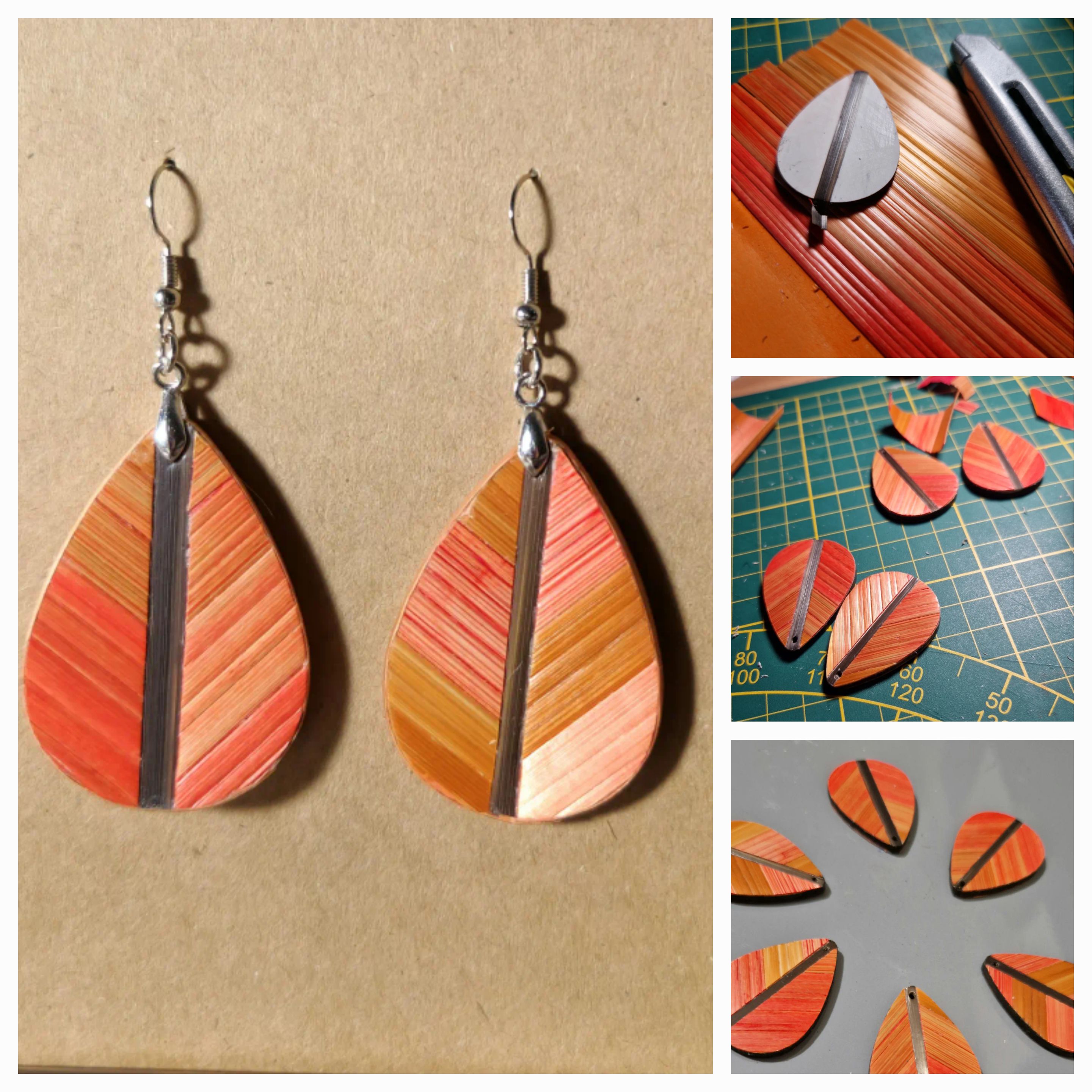 belles boucles d'oreilles en marquetterie de paille entièerement créées de mes ptites mains